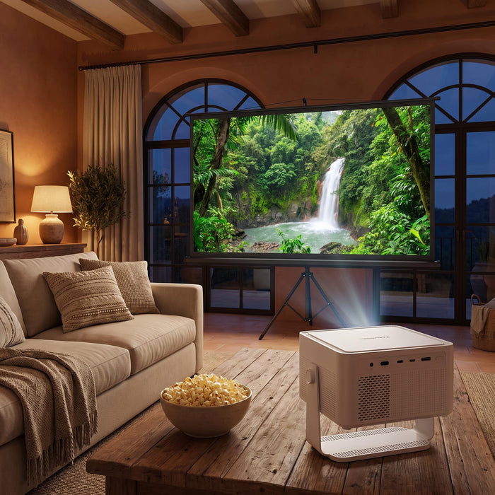 Pack Cine Pro HY450MAX: proyector HY450MAX y pantalla de 100 pulgadas con soporte en el salón
