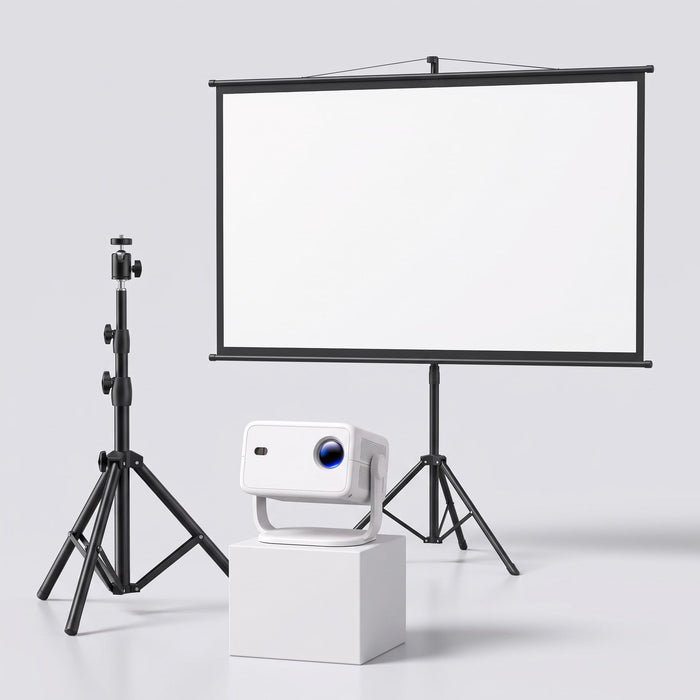 Contenido del Pack Cine L018 (versión Exprés): proyector L018, trípode de 160 cm y pantalla de 100 pulgadas con soporte