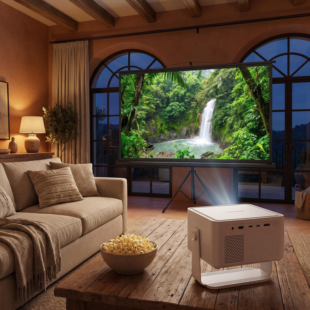 Pack Cine Pro HY450MAX: proyector HY450MAX y pantalla de 100 pulgadas con soporte en el salón