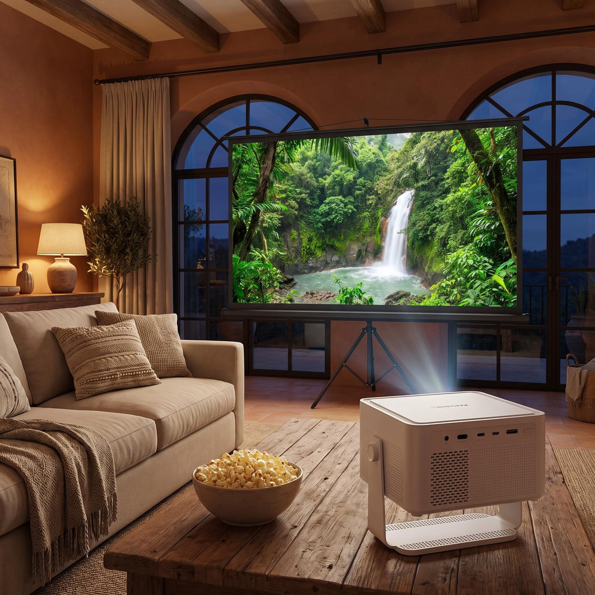 Pack Cine Pro HY450MAX: proyector HY450MAX y pantalla de 100 pulgadas con soporte en el salón