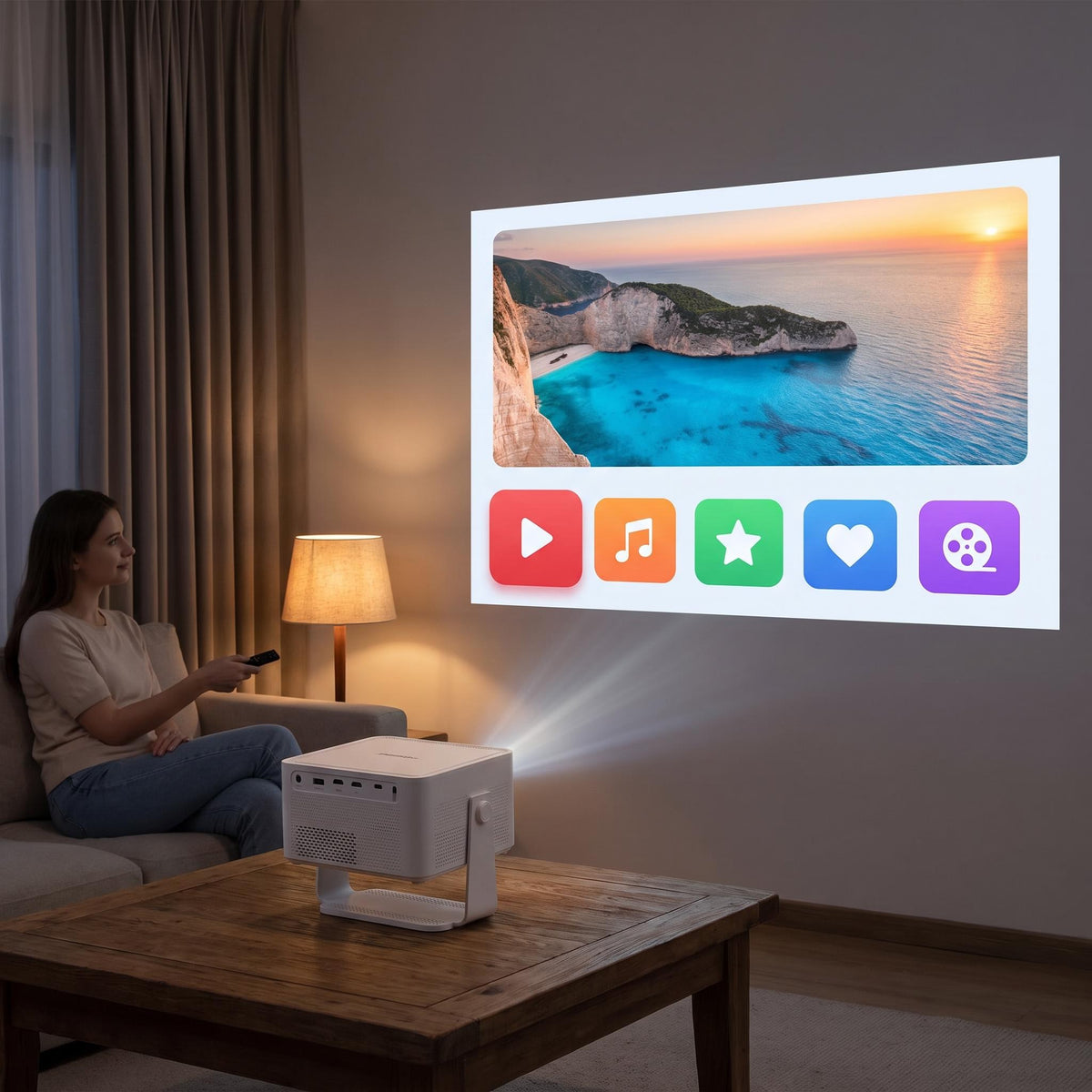 Proyector HY450MAX mostrando el menú de apps en la pared del salón por la noche
