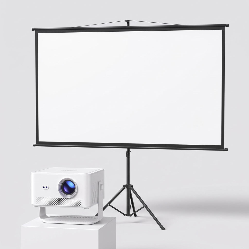 Contenido del Pack Cine Pro (versión Exprés): proyector HY450MAX y pantalla de 100 pulgadas con soporte