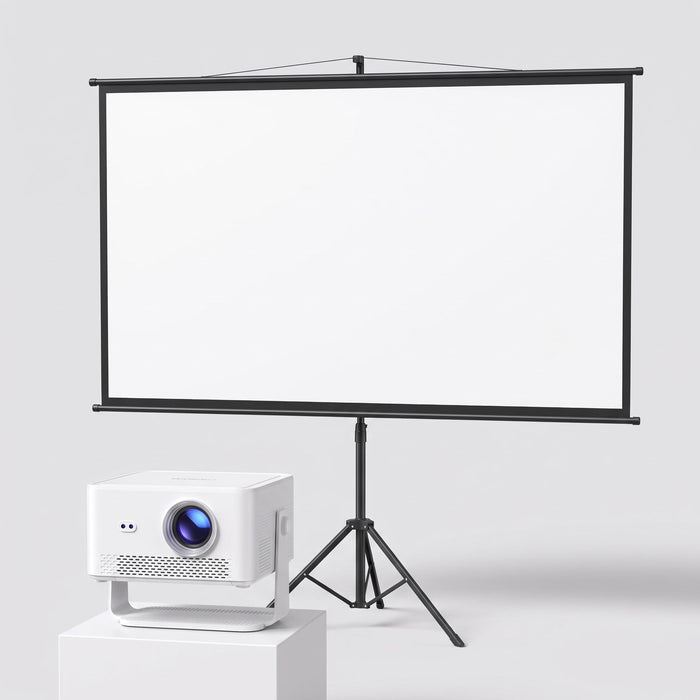 Contenido del Pack Cine Pro (versión Exprés): proyector HY450MAX y pantalla de 100 pulgadas con soporte
