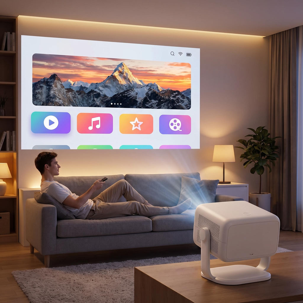 Proyector L018 mostrando el menú de apps en la pared del salón