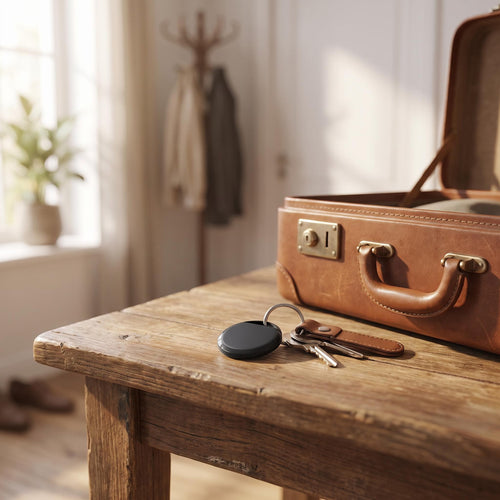 Localizador Bluetooth en unas llaves junto a una maleta