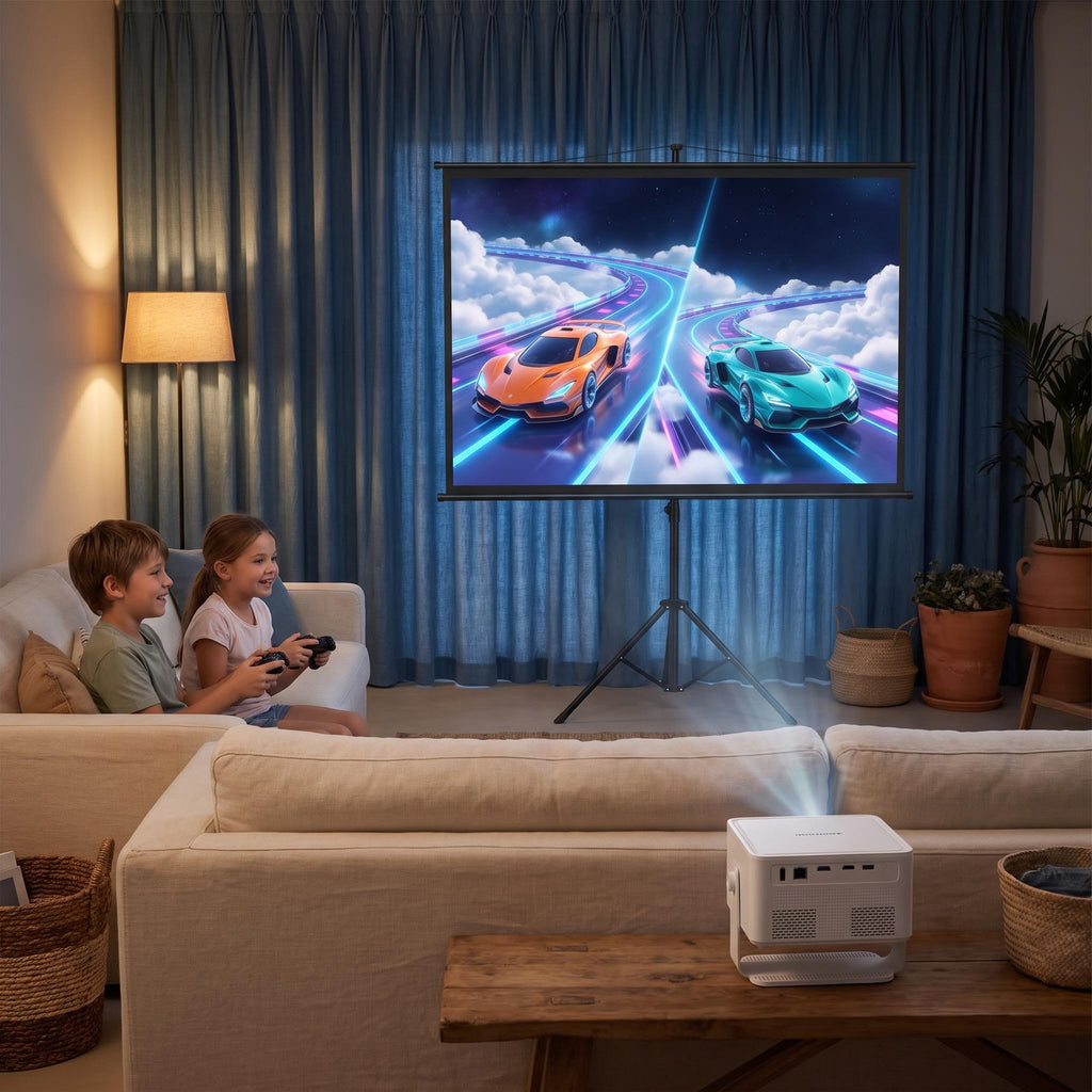 Niños jugando a la consola por la noche con el proyector HY450MAX y la pantalla con soporte