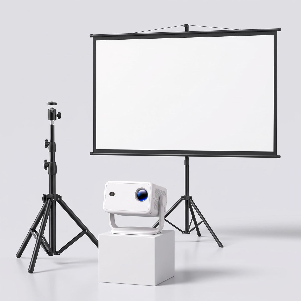 Contenido del Pack Cine L018 (versión Exprés): proyector L018, trípode de 160 cm y pantalla de 100 pulgadas con soporte