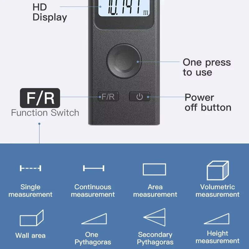 Medidor láser digital de bolsillo con precisión de ±1 mm y alcance de 0,03 a 30 m
