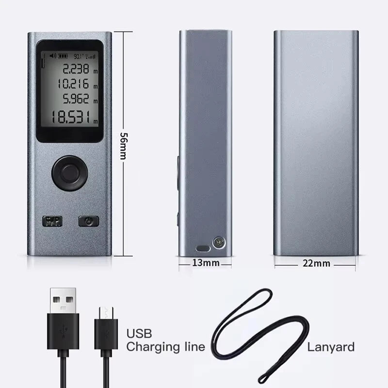 Contenido de la caja: medidor láser, cable USB de carga y cordón para colgar