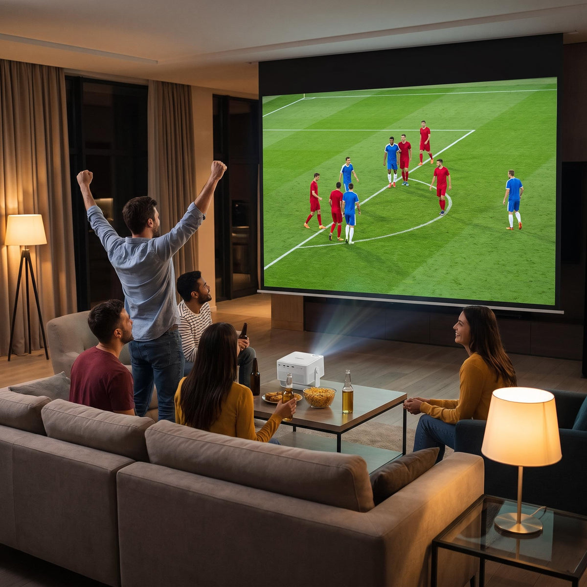 Amigos viendo el fútbol en pantalla gigante con el proyector HY450MAX