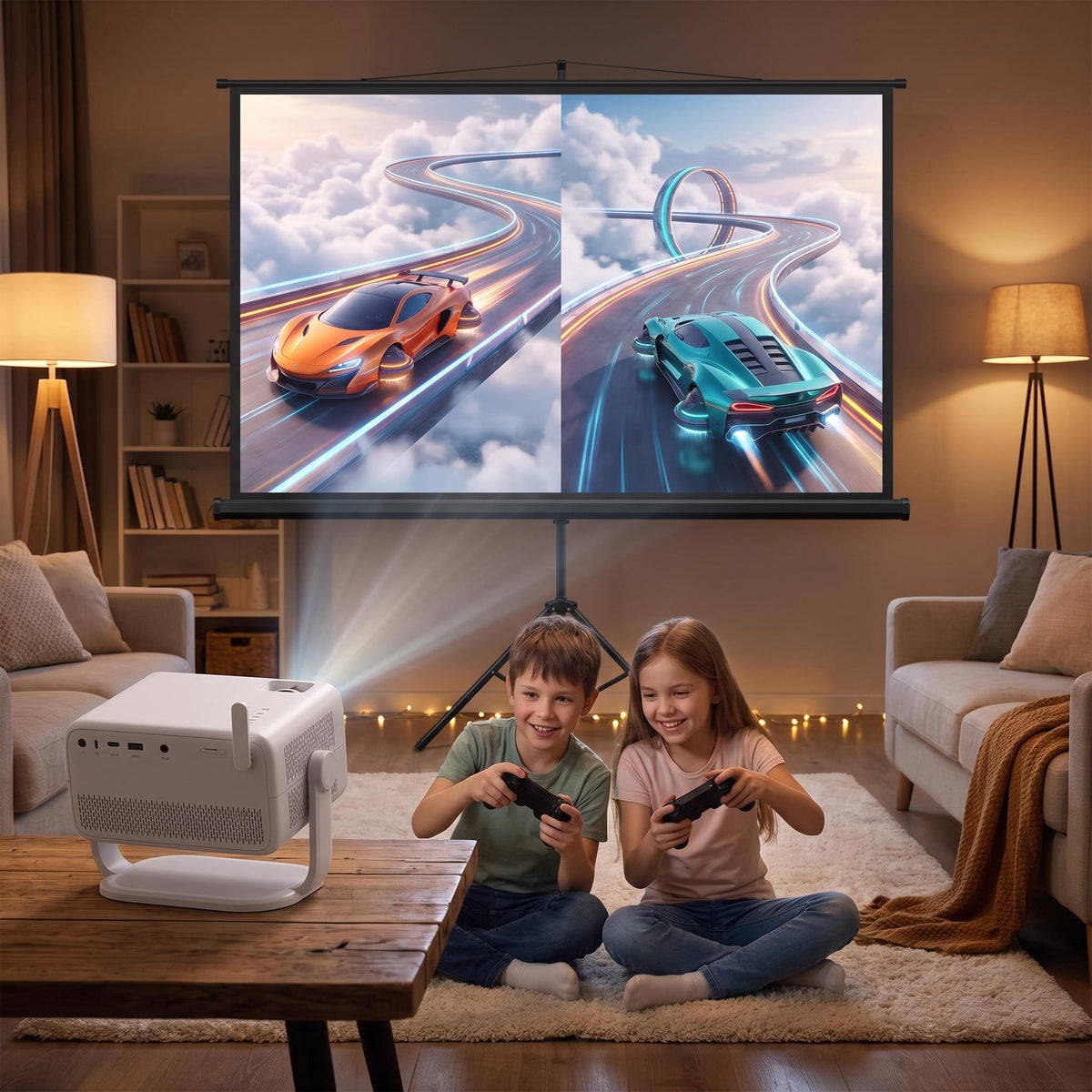 Niños jugando a la consola con el Pack Cine L018 y la pantalla de 100 pulgadas