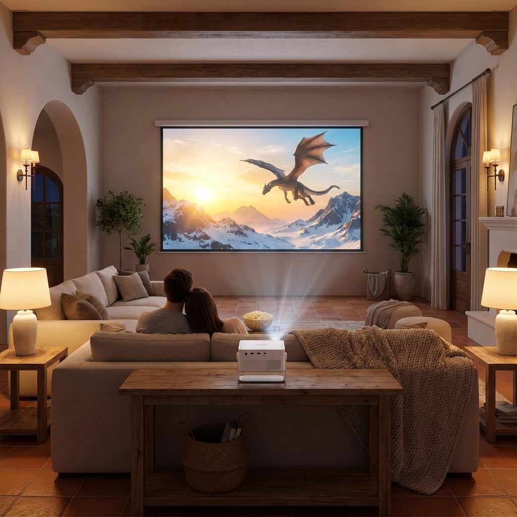 Noche de cine en el salón con el proyector Magcubic HY450MAX en una pantalla de 120 pulgadas