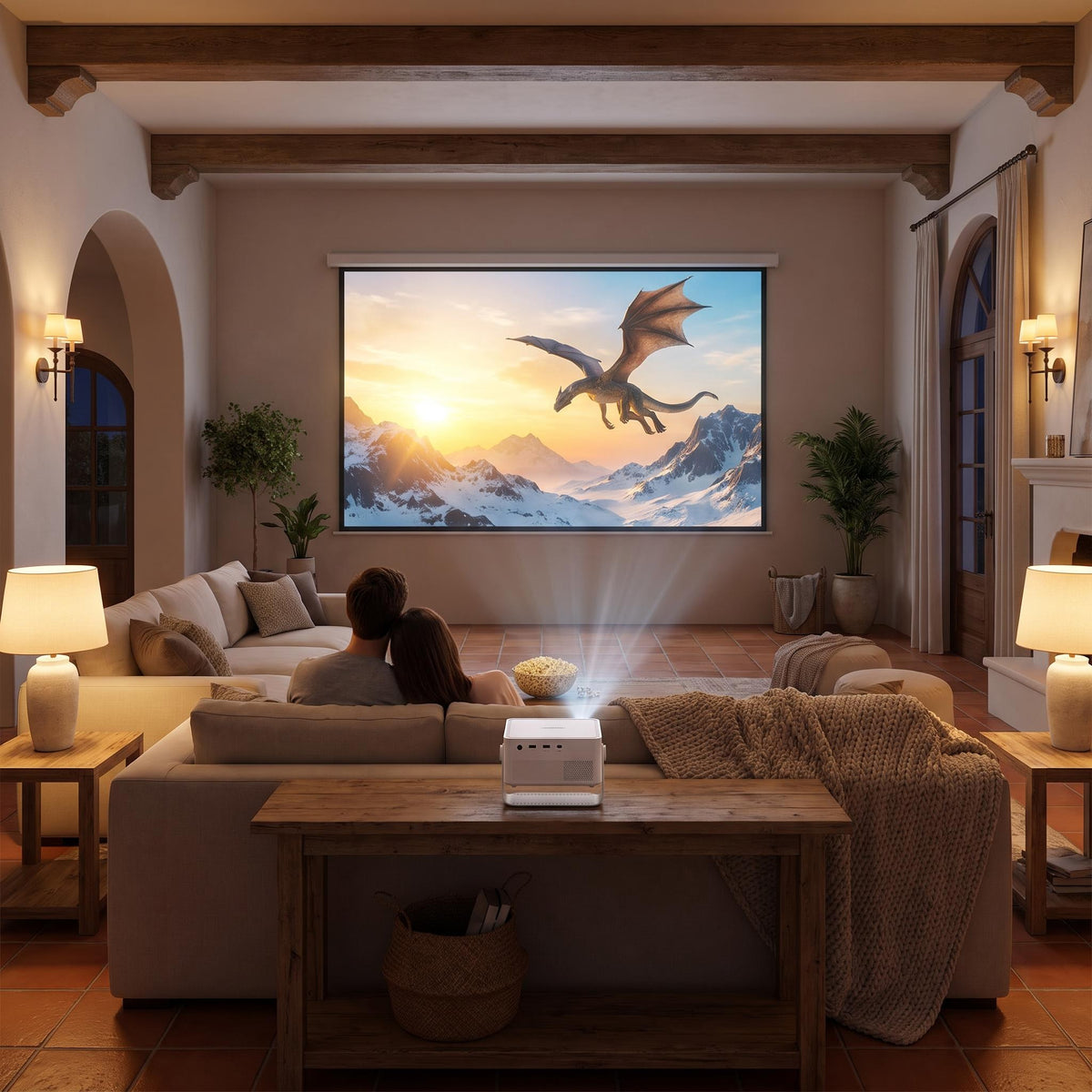 Noche de cine en el salón con el proyector Magcubic HY450MAX en una pantalla de 120 pulgadas