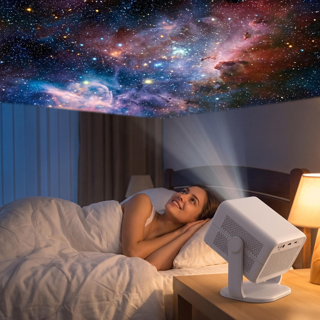 Proyector L018 girado hacia el techo proyectando un cielo estrellado en el dormitorio