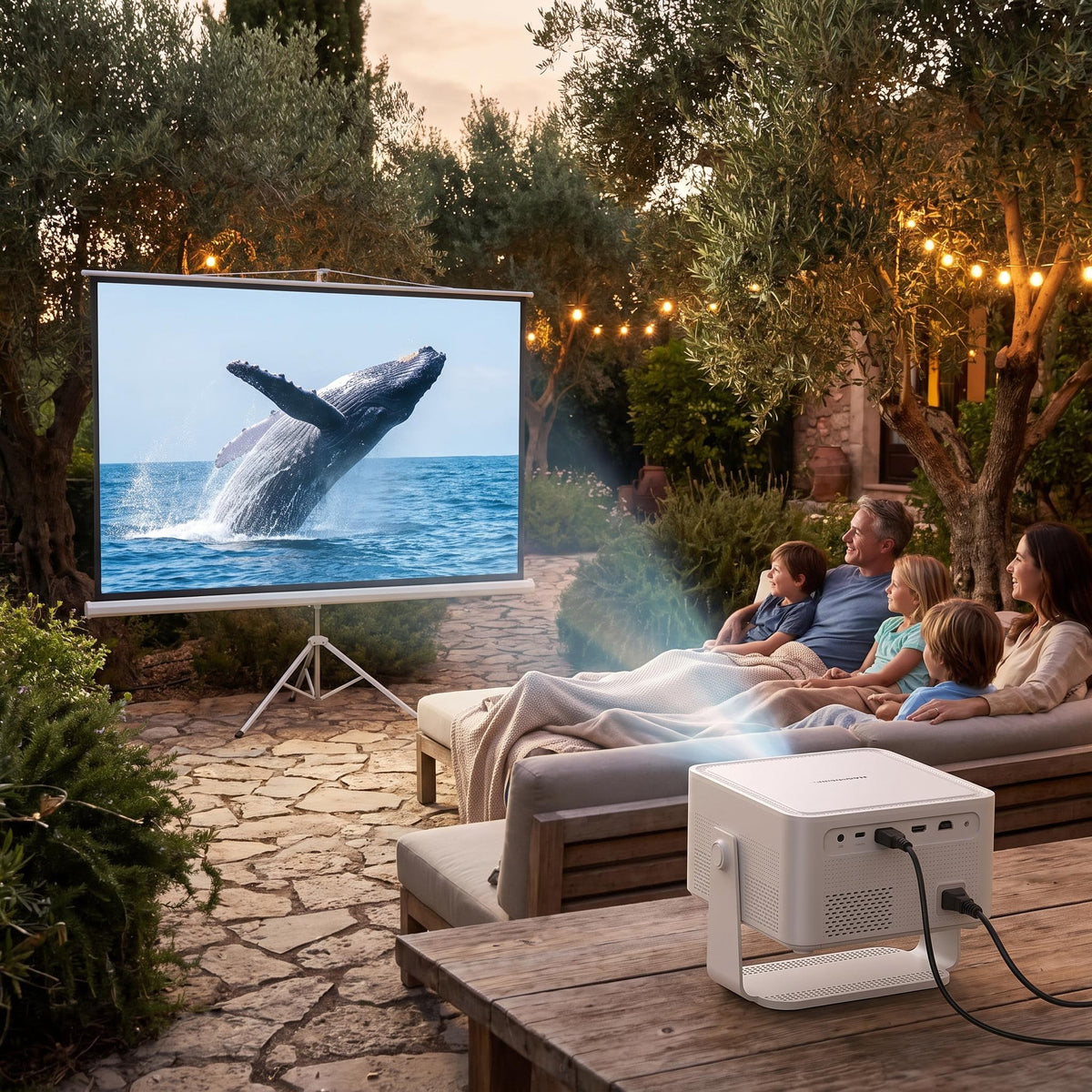 Cine de verano en el jardín con el proyector HY450MAX