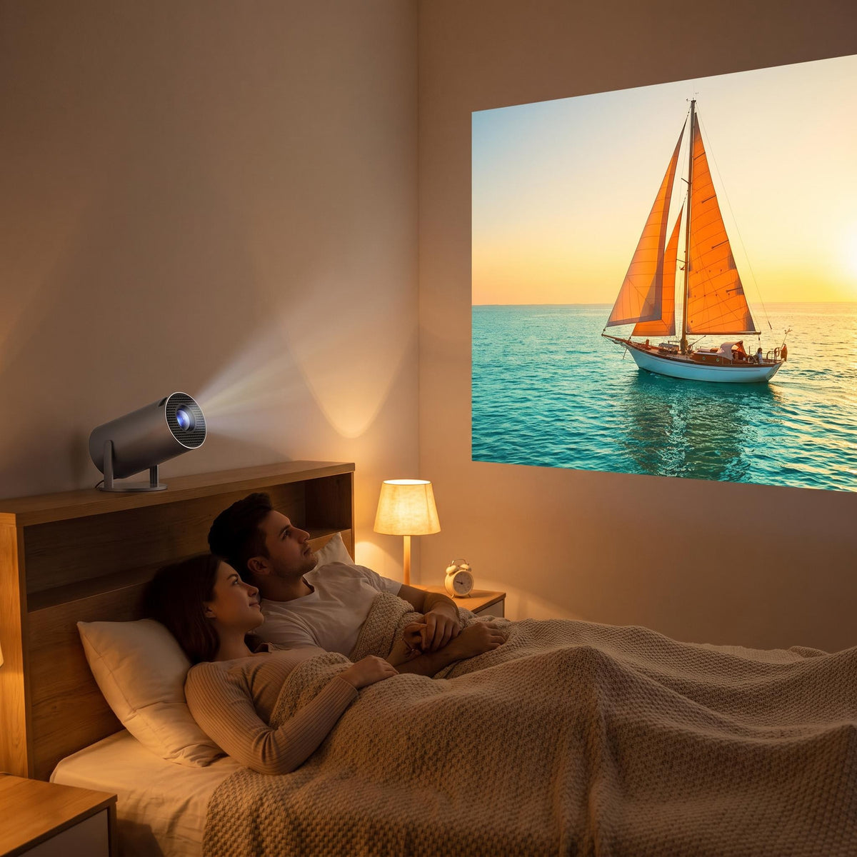 Pareja viendo una película en la pared del dormitorio con el proyector HY300 Pro