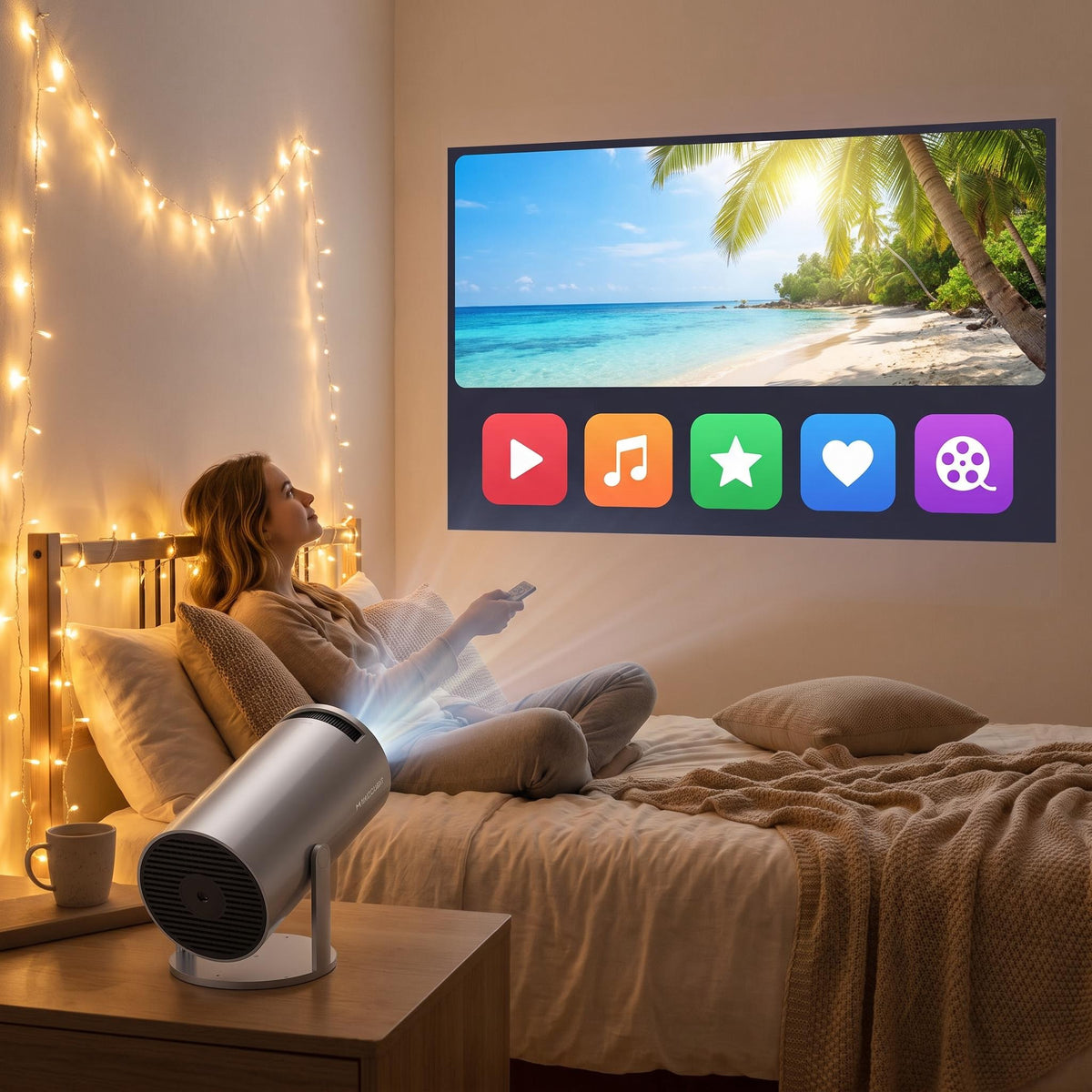 Proyector HY300 Pro mostrando el menú de apps en la pared del dormitorio